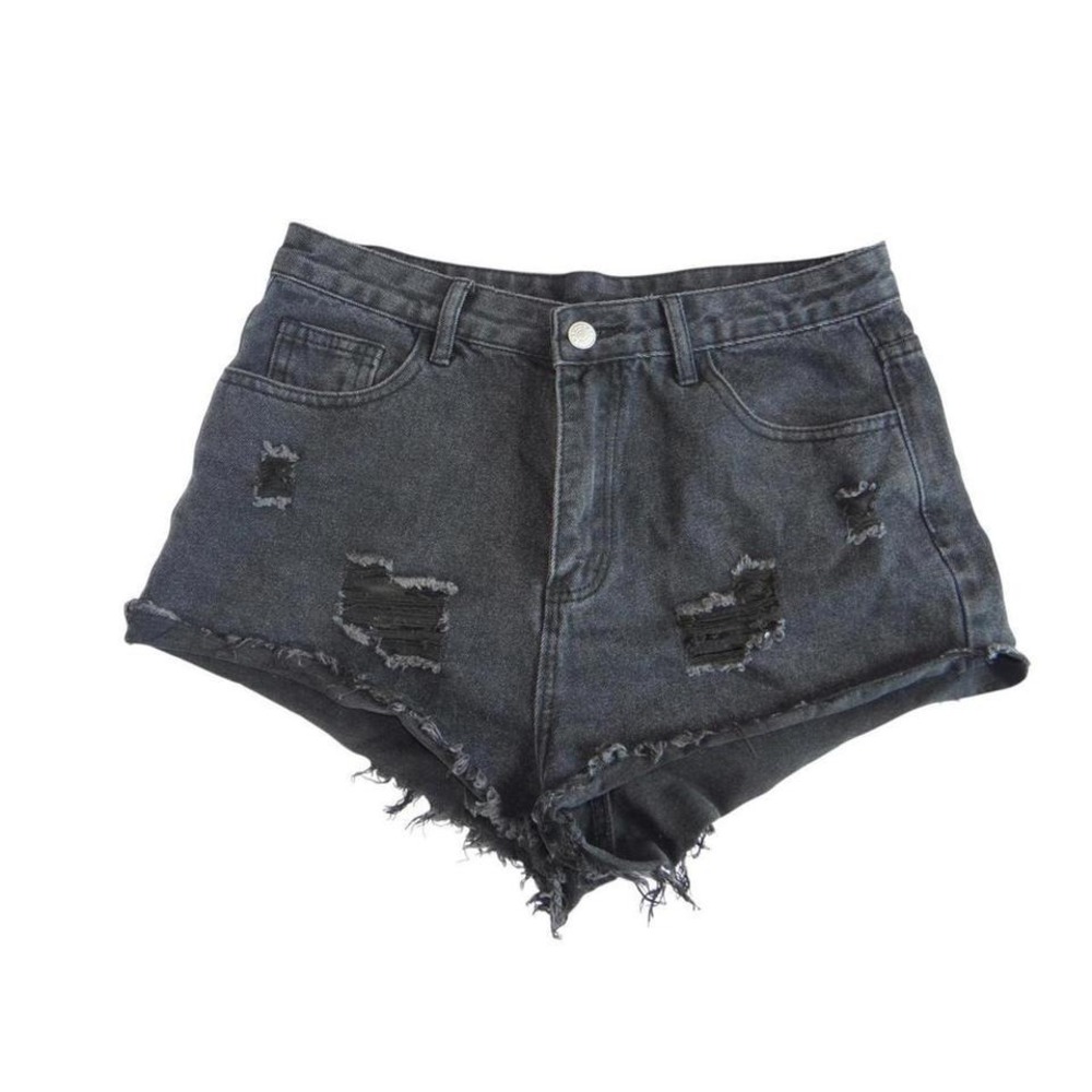 SHEIN Womens High Waisted Distressed Denim Shorts Washed Black‎ Raw Hem Size M